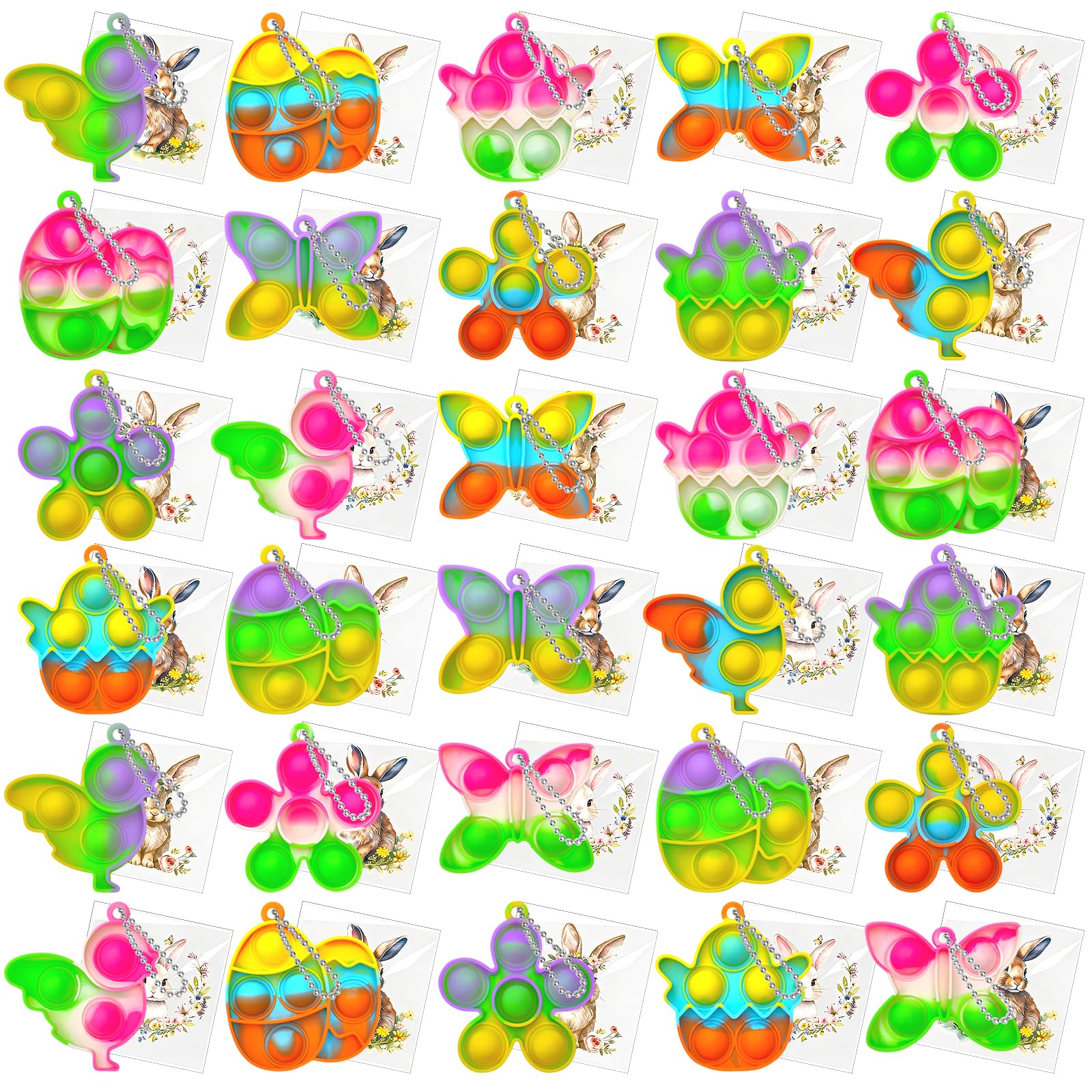 KIDRENFUN 30 PCS Easter Gifts Kids, Party Bag Fillers Easter Egg Hunt Toys, Poppet Fidget Toy Party Favours, Pass the Parcel Prizes (30Keyrings + 30Bags ) — image 1
