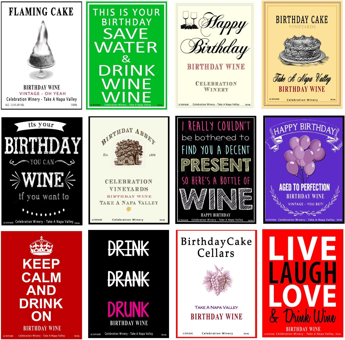 American Art Classics Set of 12 - Funny Birthday Wine Bottle Labels - 5 Inch X 4 Inch
