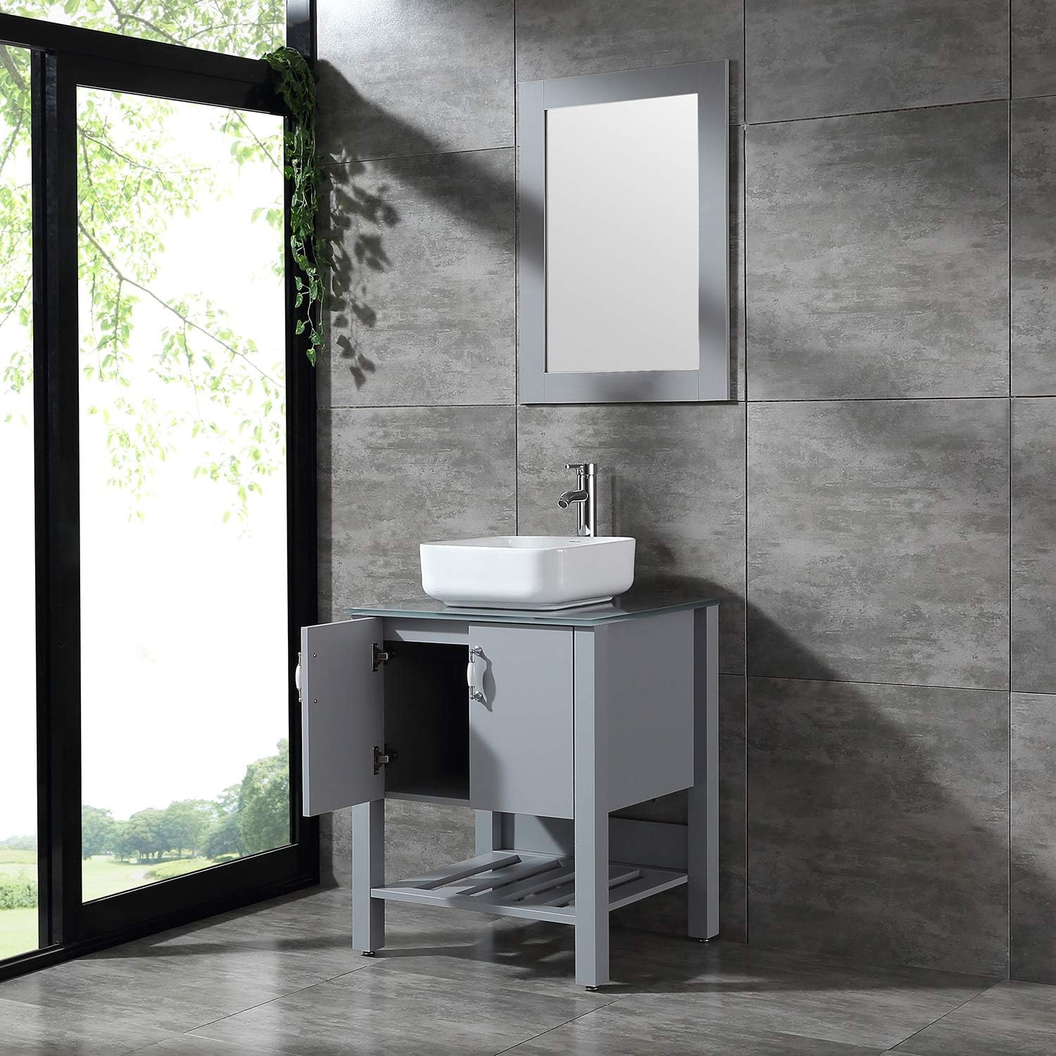 Silverylake 25 Bathroom Vanity And Sink Combo Bathroom Storage Cabinet Single Sink With Mirror And Glass Gray Countertop Modern Large Capacity Round Basin Bowl Bathroom Sink Vanities Accessories Tools Home