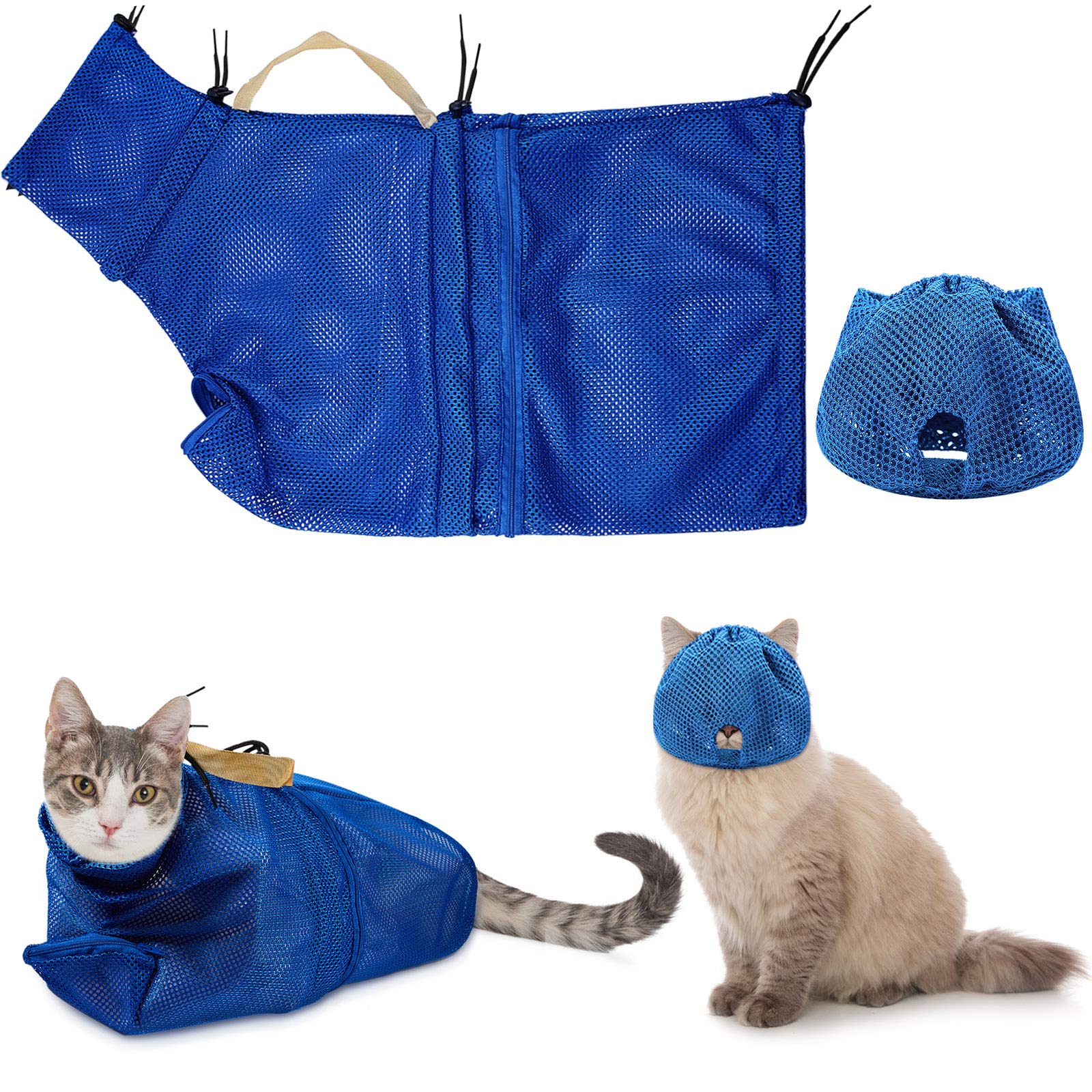 2 Pieces Cat Grooming Washer Mesh Bag Cat Muzzles Breathable Mesh Muzzles Adjustable Kitten Scratch-Resistant Cat Restraint Bag Fixed Bag Cat Bath Bag for Cat Bathing Nail Trimming Feeding (Blue)