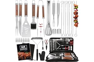 Yoehka BBQ Grilling Accessories Set, 34Pcs Heavy Duty Grill Tools for Outdoor Camping, Grilling Gifts for Men Dad, Stainless Steel Barbecue Utensils Kit with Mats and Glove in Carrying Bag, Brown
