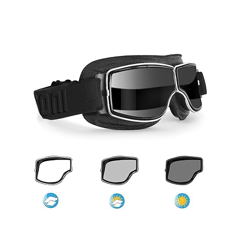 BERTONI Motorradbrille Fliegerbrille Selbsttönend Schutzbrille aus Schwarzem Leder F188PH Helmbrillen