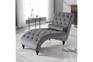 binzida Velvet Chaise Lounge Indoor,Button-Tufted Upholstered Chaise Lounge Chair with Pillow for Bedroom Living Room Office Modern Backrest Leisure Recliner Sleep Sofa,Grey New