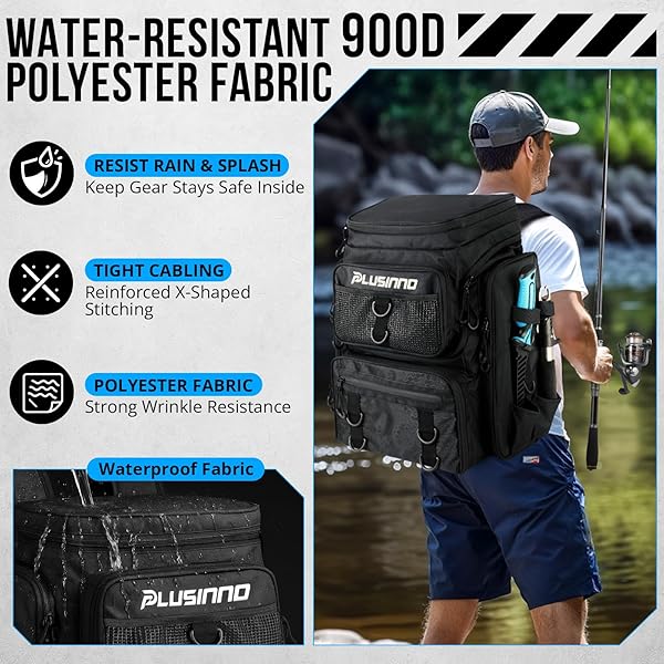 PLUSINNO FISHING BACKPACK WITH ROD HOLDERS,42L WATER-RESISTANT FISHING BAG STORE FISHING GEAR & TACKLE BOX, LARGE TACKLE BACKPACK, FISHING GIFTS FOR MEN.