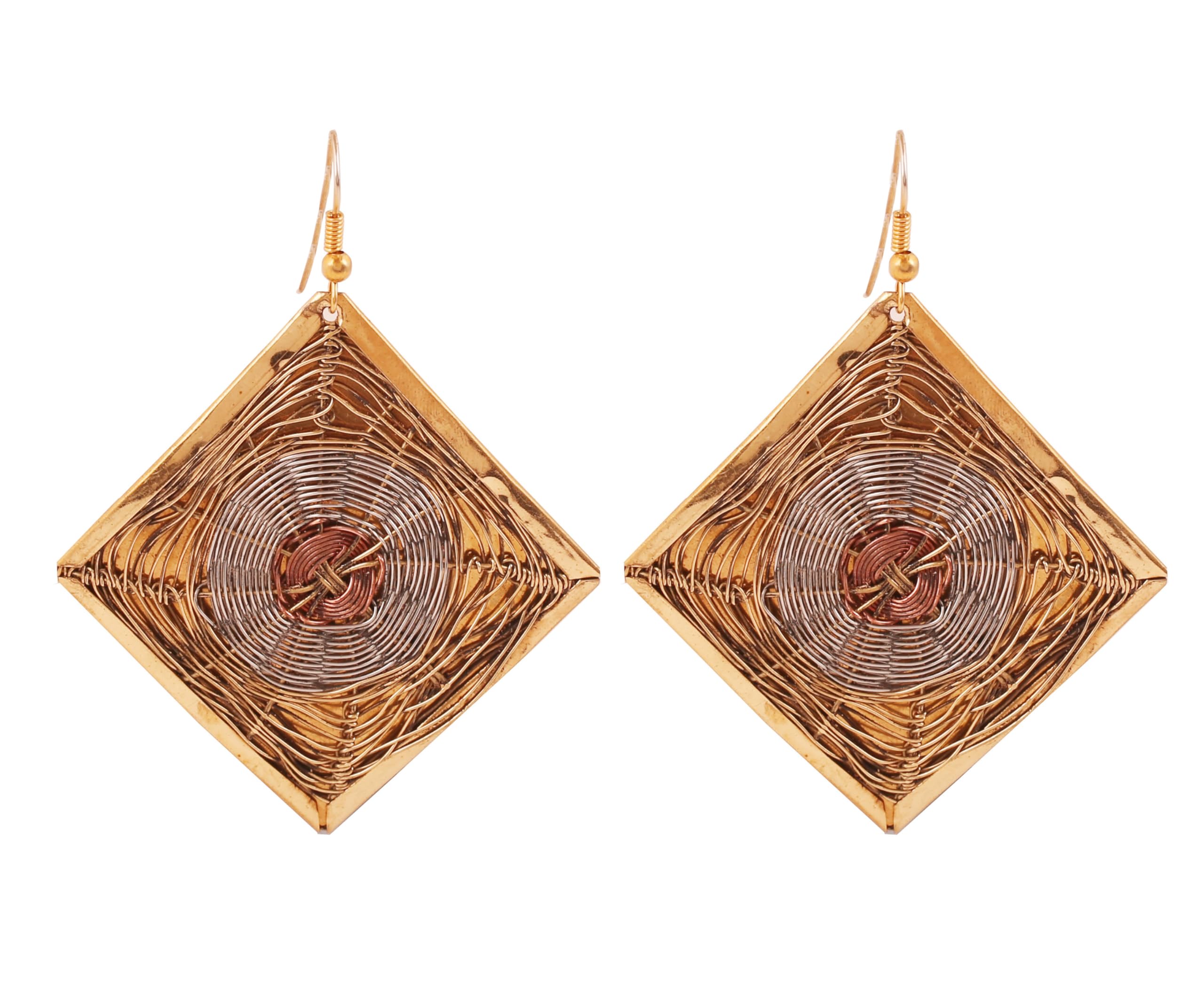 NEW! Touchstone Indian Bollywood Desire Finely Hand Finished Concentric Basket Weave Wire Pretty Look Designer Jewelry Square Shape Earrings In Gold Silver And Copper Tones For Women