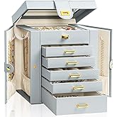 AKOZLIN Functional 6-Tier Jewelry Box Organizer with 5 Drawers Leather Jewelry Storage Case for Women Girls Ring Necklace Earring Bracelet Holder Organizer with Mirror Grey