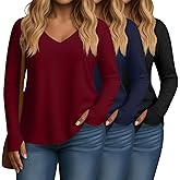 Huukeay 3 Pack Women's Plus Size Long Sleeve Shirts Thumb Holes V Neck Tunic Tops Loose Fit Curved Hem Casual 2026 Y2k Tees
