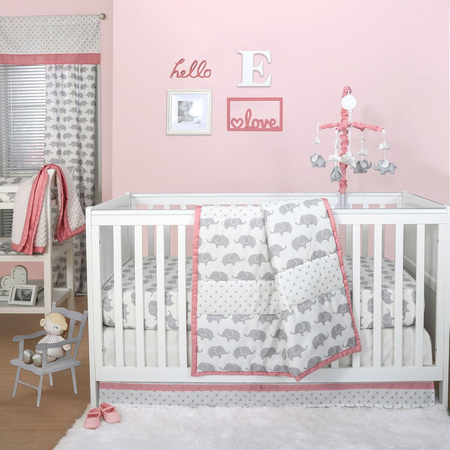 pink and gray elephant crib bedding set