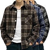 Xaatren 3 Pack Boys' Flannel Plaid Shirts Lightweight Long Sleeve Button up Shirts Slim Fit Casual Toddler's Christmas Outfit(Apricot Coffee, Blue White, Black White,14-15 Years)