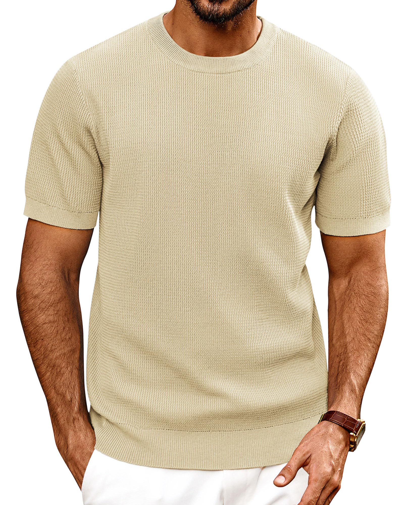 PJ PAUL JONES Herren Strick T-Shirt Kurzarm Regular Fit Strukturiert Tee Sommer T-Shirt mit Rundhalsausschnitt für Freizeit Golf (Aprikose, L)