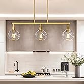 Phaosio 3-Light Gold Kitchen Island Linear Pendant Light, Brushed Gold Dining Room Chandelier with Clear Glass Globe Shades, 
