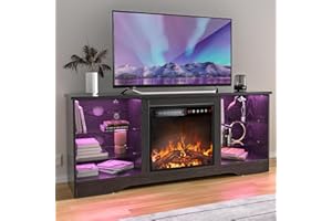 TAVATA Fireplace TV Stand with 18''Fireplace, Modern Entertainment Center for TVs up to 65 inch, Media TV Console with Adjustable Glass Shelves and Storage Cabinets (Black)