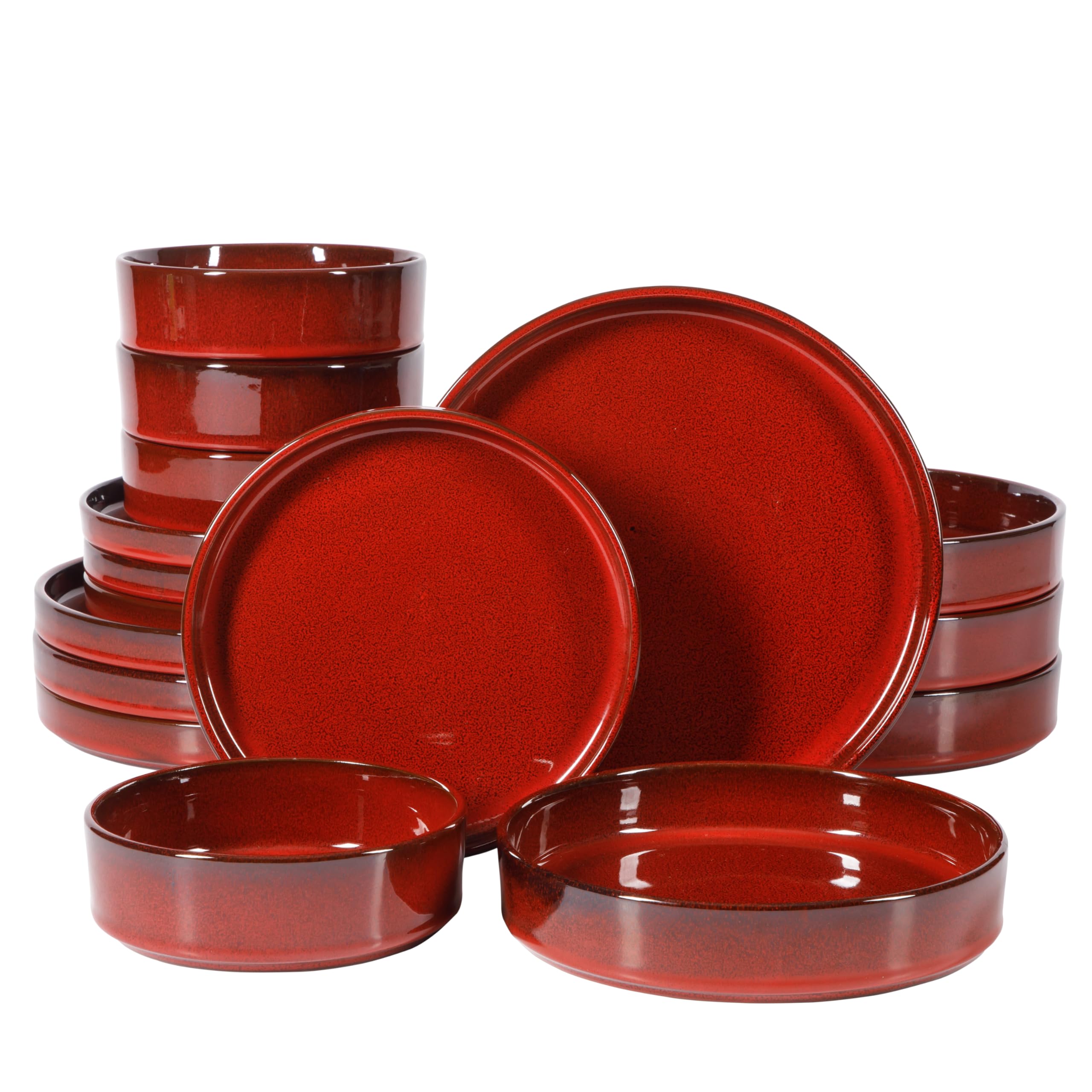 Bloomhouse - Two Time Oprah's Favorite Things Winner - Santorini Mist Double Bowl Terracotta Reactive Glaze Plates and Bowls Dinnerware Set - Garnet Red, Service for Four (16pcs) Image