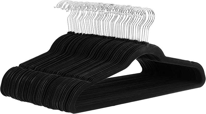 Amazon Basics Slim Velvet Non-Slip Space Saving Suit Clothes Hangers, Closet Organizer, Black, 50-Pack