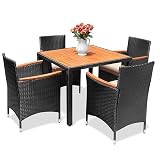 Flamaker 5 Piece Patio Dining Set Outdoor Acacia Wood Table and Chairs with Soft Cushions Wicker Patio Furniture for Deck, Backyard, Garden