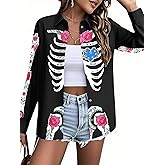 Dia De Los Muertos Shirt for Women: Day of The Dead Skeleton Shirts Funny Sugar Skull Graphic Tops Button Down Blouse