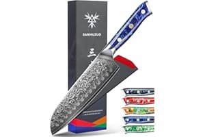 SANMUZUO Santoku Knife - 7 inch - Xuan Series - VG10 Damascus Steel Kitchen Knife - Resin Handle (Sapphire Blue)