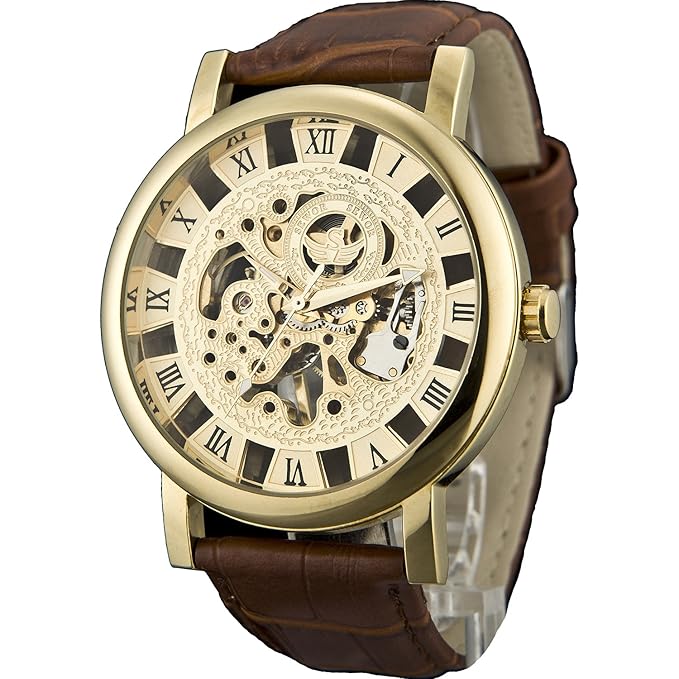 Sewor Crusader Mens mechanische Handaufzugwerk Skelett Transparente Armbanduhr mit Gold Case