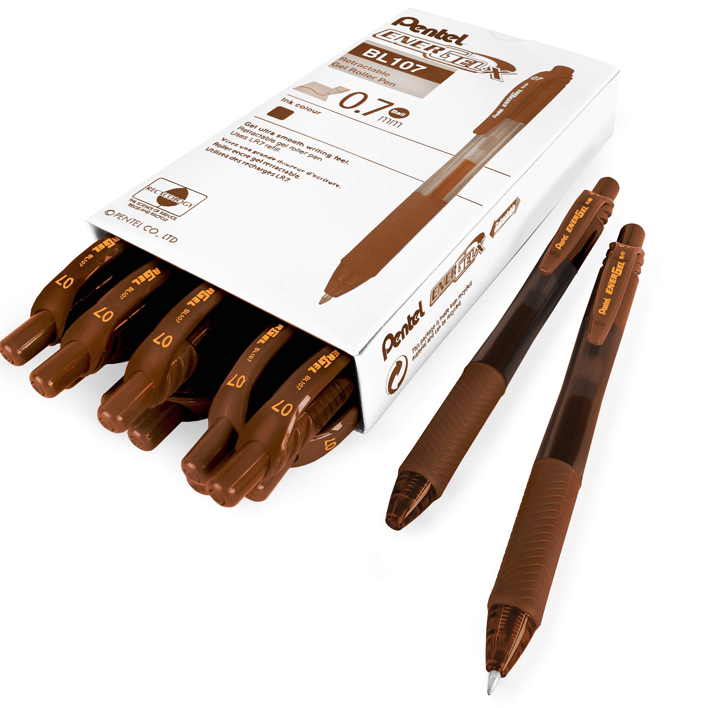 Pentel - Energel X BL107 Retractable Gel Rollerball Pens - 0.7mm - Brown Ink - Pack of 12