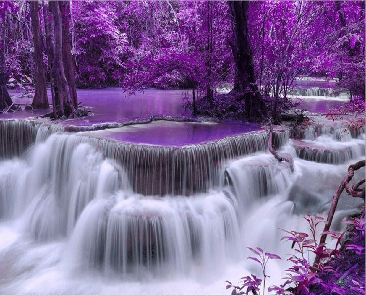 DIY 5D Diamond Painting by Number Kits, painting Cross Stitch Full Drill Crystal Rhinestone Embroidery Pictures Arts Craft for Home Wall Decor Gift Waterfall and Purple woods