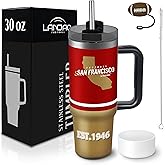 LANJAO Tumbler 30oz Straight Skinny Portable Handle Car Cups With Anti slip Sleeve Straw Dust Cover, Sports Travel, Stainless Steel Insulated Gifts for Men Women Fans