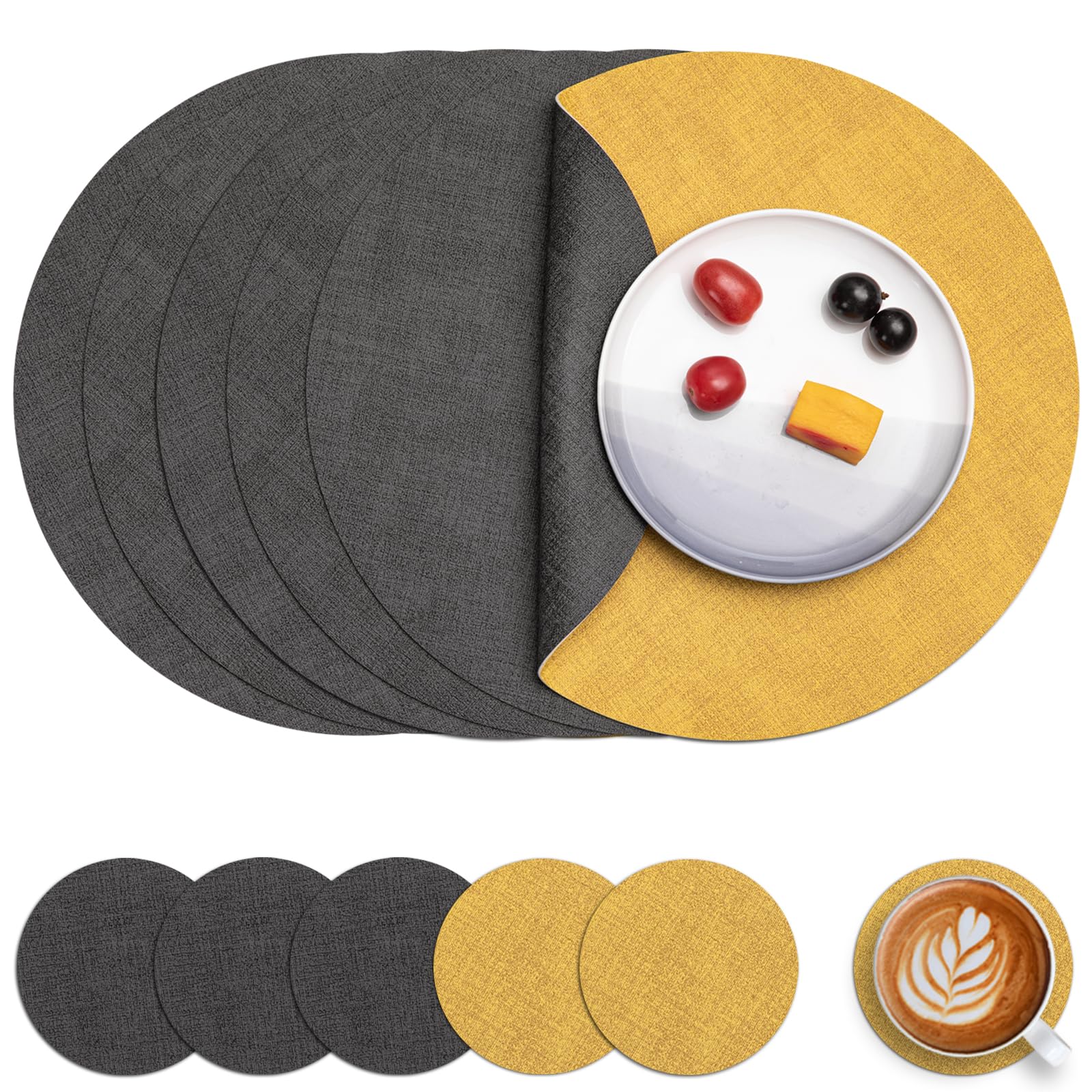 Myir JUN Leather Placemats and Coaster Set of 4, Table Mats Round Waterproof Dual Sided Kitchen Place Mats Coffee Mats Heat Resistant Placemat Non-Slip Washable (set of 6, Grey Yellow)