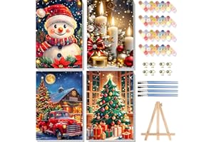 Lot de 4 kits de peinture par numéros pour adultes avec cadre et chevalet en bois - Peinture acrylique de Noël pour décoratio