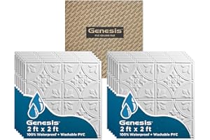 Genesis 2ft x 2ft White Antique Ceiling Tiles - Easy Drop-in Installation – Waterproof, Washable and Fire-Rated - High-Grade PVC to Prevent Breakage - Package of 12 Tiles