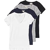 4 Pack Zenana Women's Basic V-Neck T-Shirts Large Black, White, Navy, H Gray