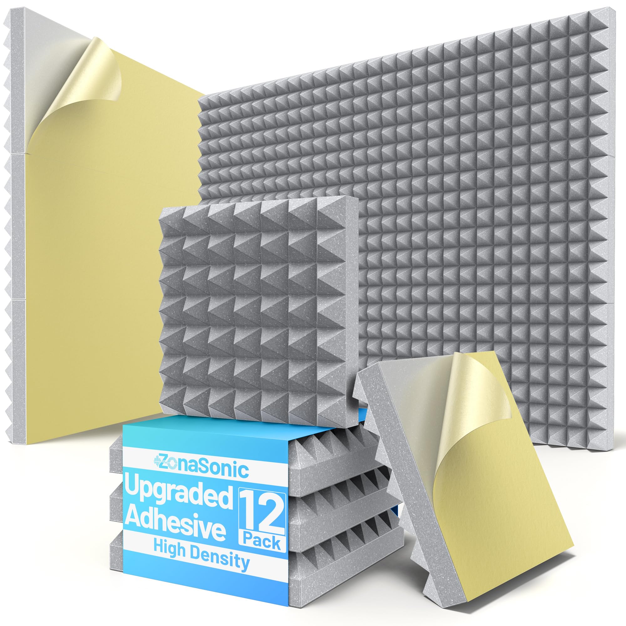 Photo 1 of 12 Pack Pyramid Sound Proof Foam Panels for Walls with Updated Self-Adhesive 3"X12"X12" High Density Acoustic Panels Sound Absorbing Fast-Expanding Soundproof Wall Panels for Gaming Studio Decor- Gray