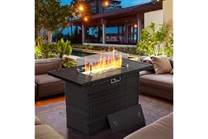 EORTHEX OUTDOOR FANCY EortheX 44 Inch Propane Fire Pit, Steel Gas Fire Feature Table with Iron Lid,Glass Rock, Rain Cover and Tempered Glass Wind Guard for Outside Garden Backyard Deck Patio
