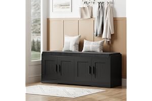Homleke 2-Tier Storage Bench, Shoe Bench with Thickened Padded Seat Cushion, Entryway Bench with 4 Doors, Adjustable Shelf, 13.8" D x 45.3" W x 18.5" H, for Entryway, Living Room, Bedroom, Black