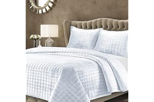 Tribeca Living Velvet King Quilt Set, Three-Piece Box Stitch Bedding Set Includes One Oversized Quilt & Two Sham Pillowcases, 260GSM Super Soft Velvet, Florence/White