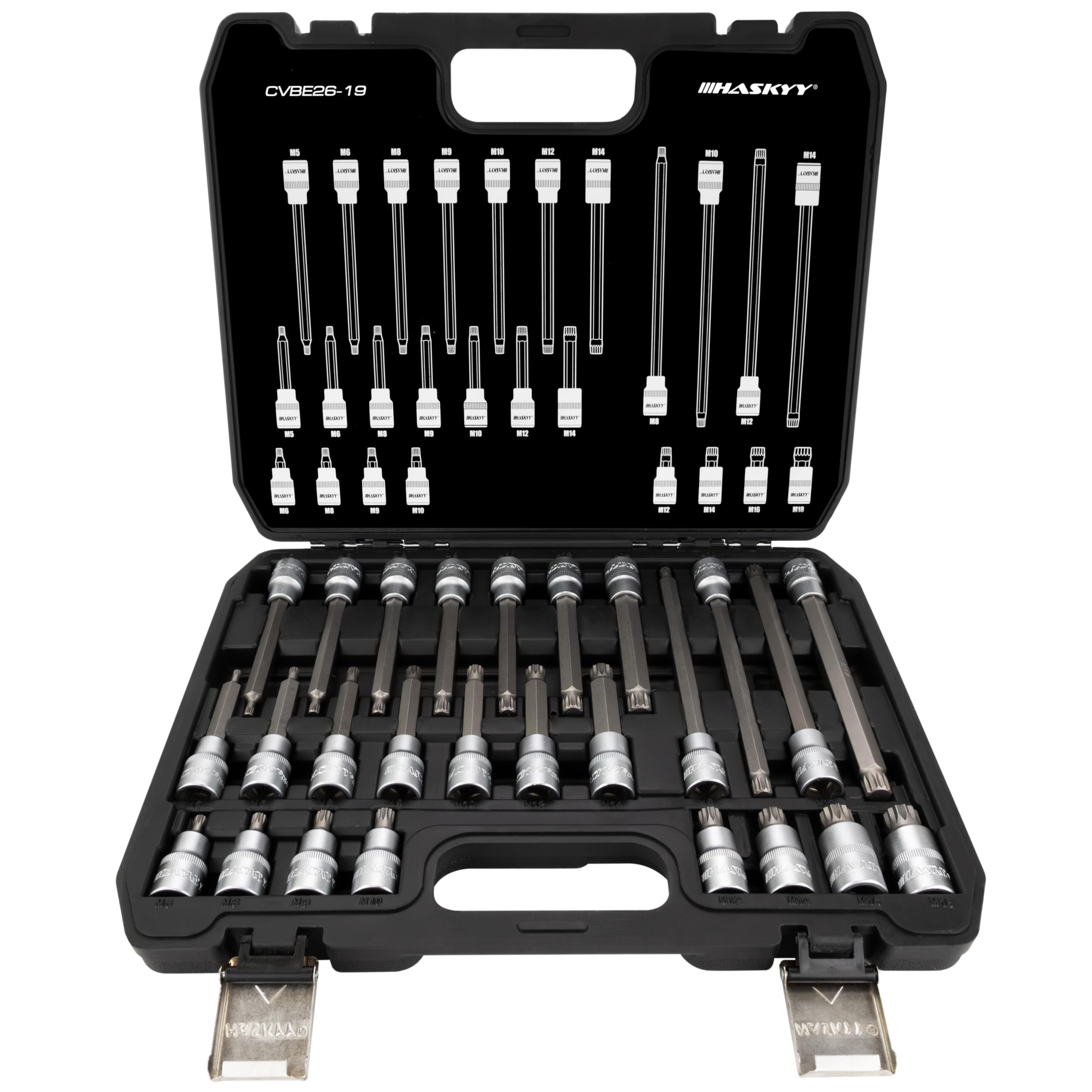 Haskyy 26-Piece Inner Multi-Tooth Nut Sockets XZN Multi-Tooth Set M4 M5 M6 M8 M9 M10 M11 M12 M13 M14 M16 M18