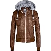 wantdo Women's Lightweight Leather Jacket Casual Motorcycle PU Biker Coat with Removable Hood