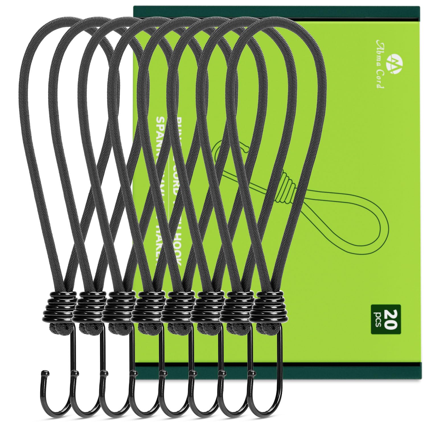 Abma Cord Bungee Cords with Hooks 23cm 20Pcs Small Bungee Ropes with Hooks Elastic Bungee Loops for Tarpaulin, Tent, Camping, Banners, Fixing - Black