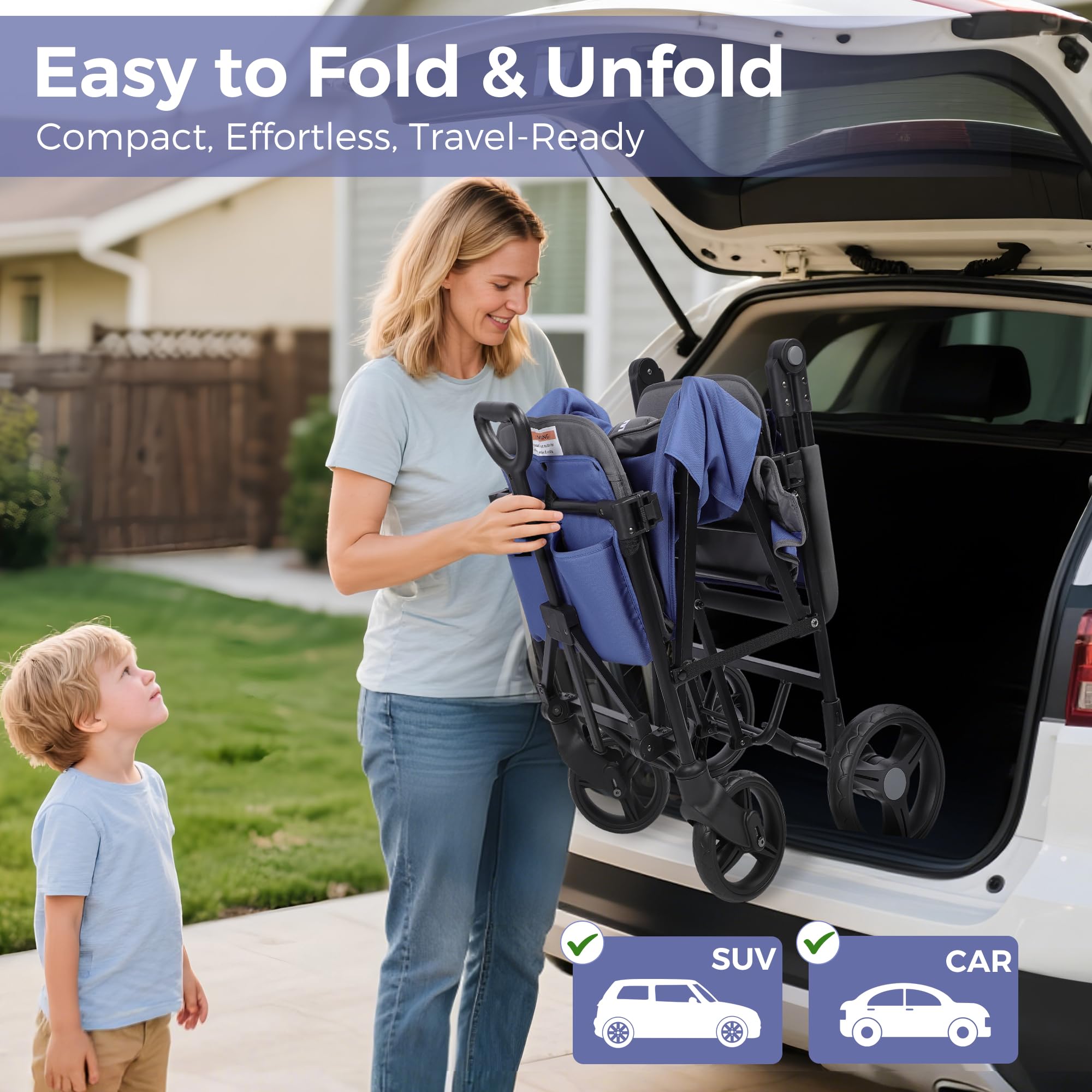 MOMFANN Stroller Wagon for 2 Kids,Foldable Wagon Stroller with Canopy, All-Terrain Parent Organizer, Adjustable Handle & Pull Bar Baby Wagon for Infants and Toddlers, Lavender Blue