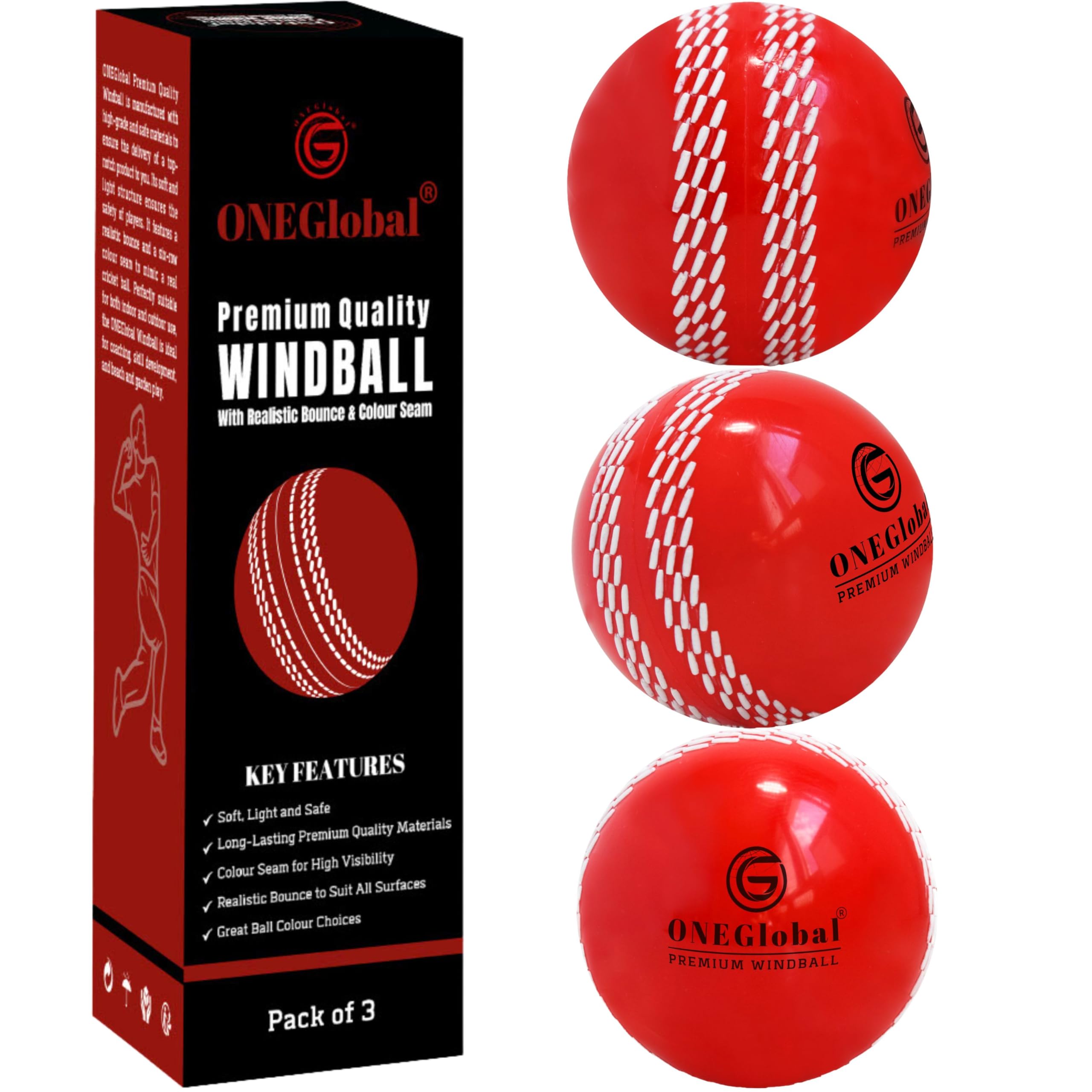 ONEGlobal Premium Windball Soft Cricket Ball | Durable & Safe, Colour Seam, True Bounce & Swing | Wind Ball for Outdoor & Indoor Practice, Coaching, Garden & Beach Games (3-Red)