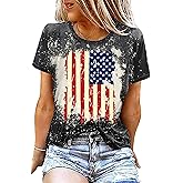 American Flag Shirt Women Patriotic Shirt Vintage USA Flag Bleached T-Shirt Short Sleeve 4th of July Tee Tops