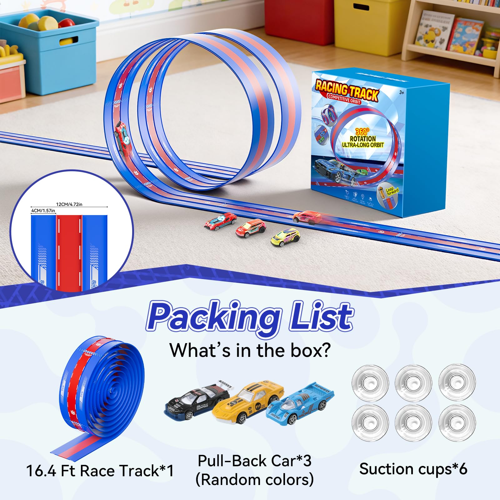 Condition photo showing New/Like New for 3-lane flexible race track for kids, 16.4 ft flex race car ramp track with 3 cars & suction cups - c