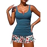 ZAFUL Women's V-Wire Tankini Swimsuits Tummy Control Ruched Top Two Piece Bathing Suits with High Waisted Shorts