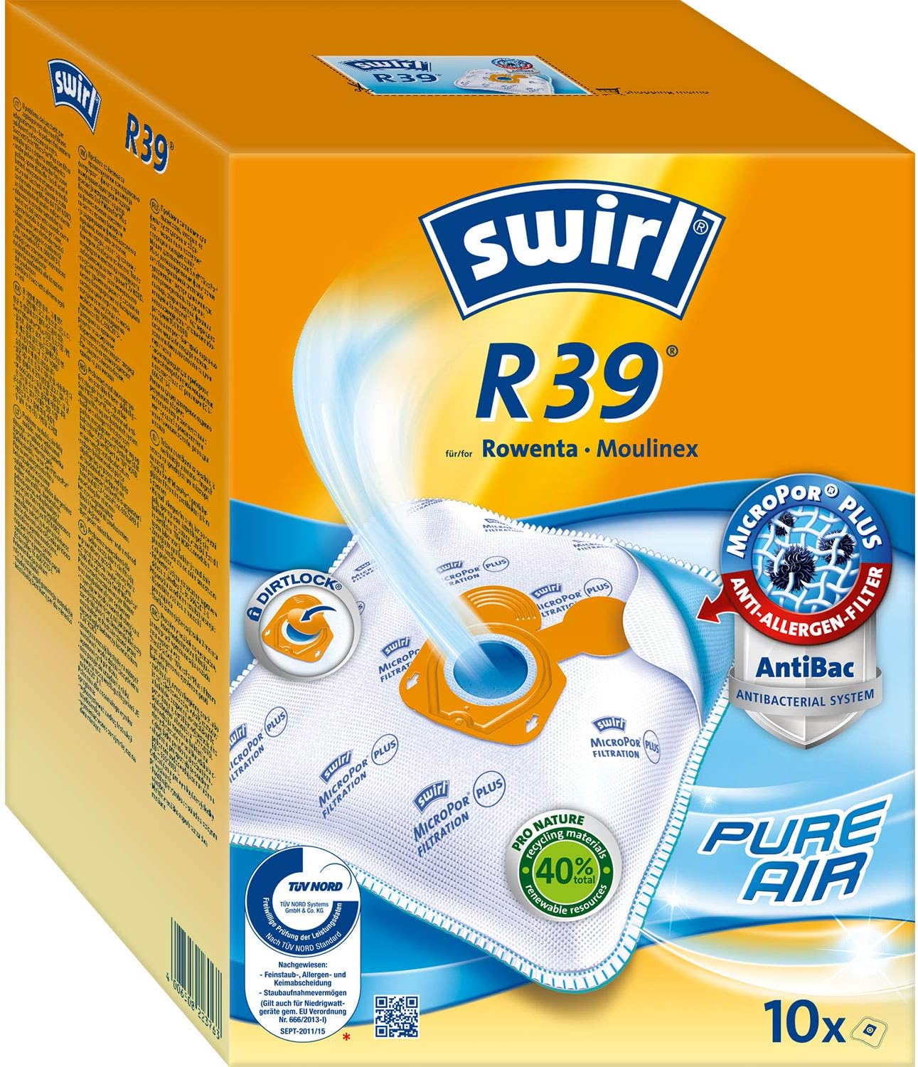 Swirl R39 MicroPor Plus Staubsaugerbeutel für Rowenta und Moulinex Staubsauger 10er Pack, 10 Stück + 2 Filter