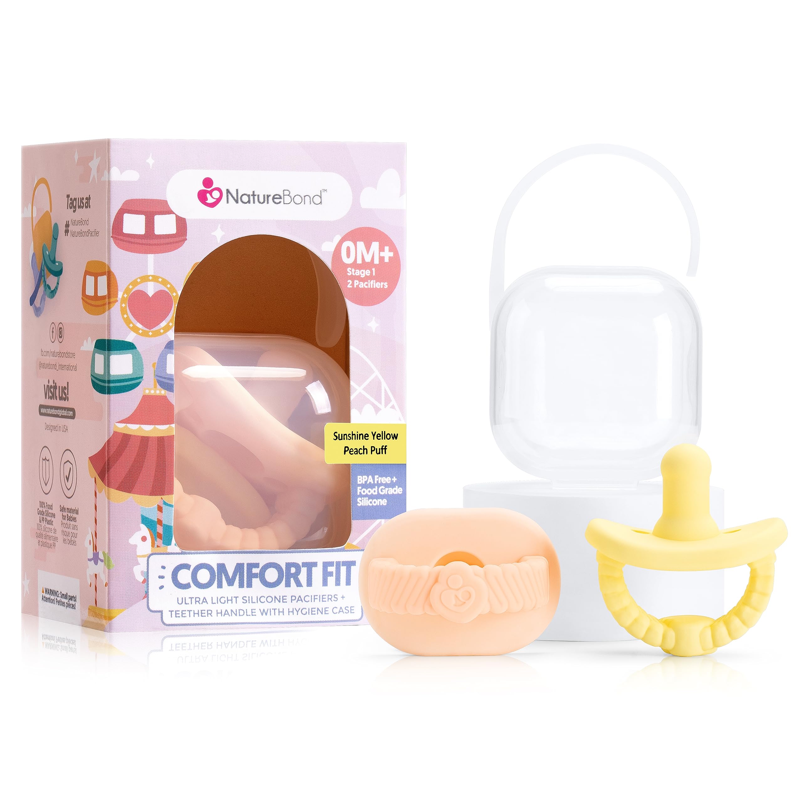 NatureBond Baby Pacifier Soother Silicone Dummy Binky Newborn Teether Pacifiers 2 in 1, Ultra-Light, Curved for Comfort | Hygiene Cover | (0-6 Months, Sunshine Yellow and Peach Puff)