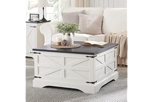 JXQTLINGMU Farmhouse Coffee Table, Square Wood Center Table with Large Hidden Storage Compartment for Living Room, Rustic Cocktail Table with Hinged Lift Top for Home, White