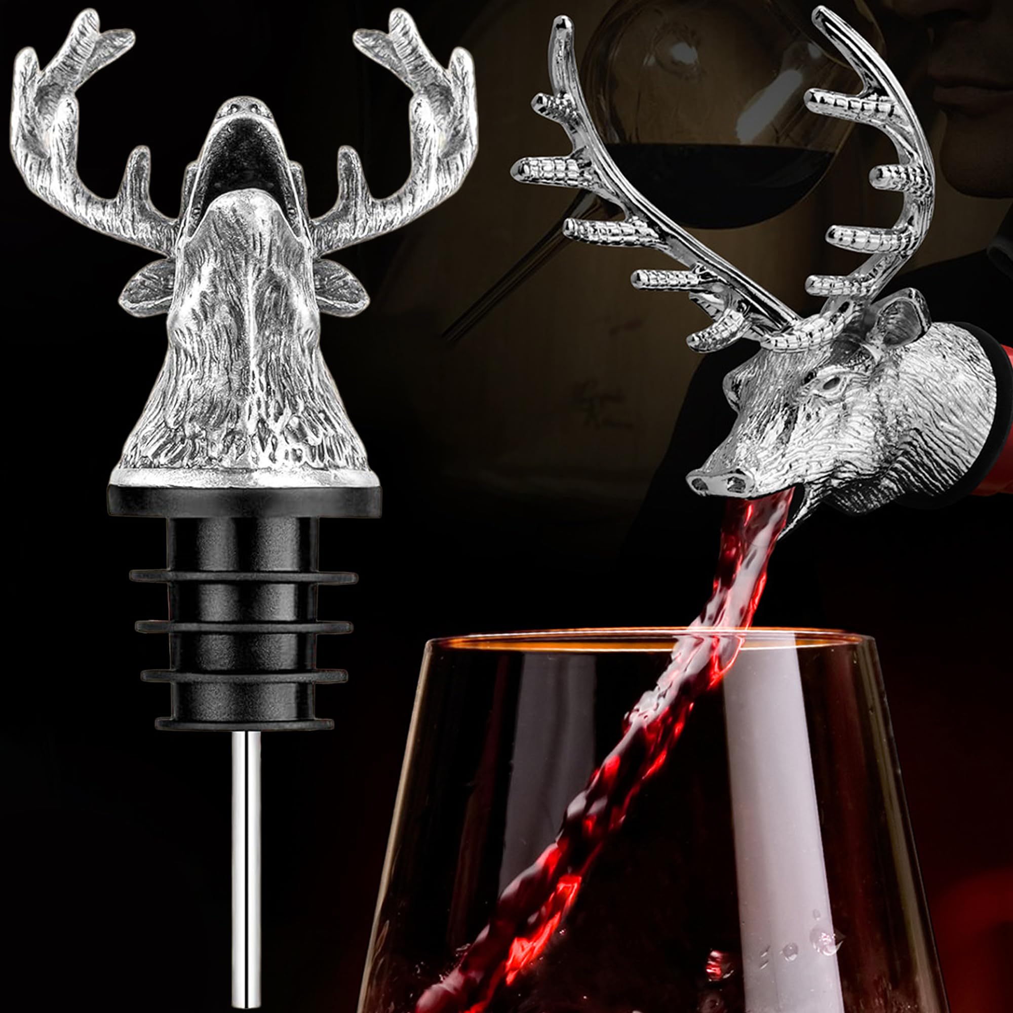 MINGZE Deer Head Wine Pourer, Zinc Alloy Bottle Stopper Deer Stags Shape with Leak-Proof Bung, Accessories for Wine Lover Christmas, Spout fit Most Red, White Wine and Spirits Bottles (Silver)