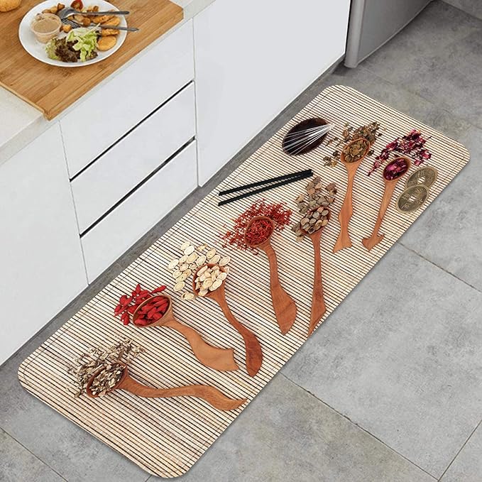 xiaolang Kitchen Mat Rug,chinese herbal medicine herbs wooden spoons