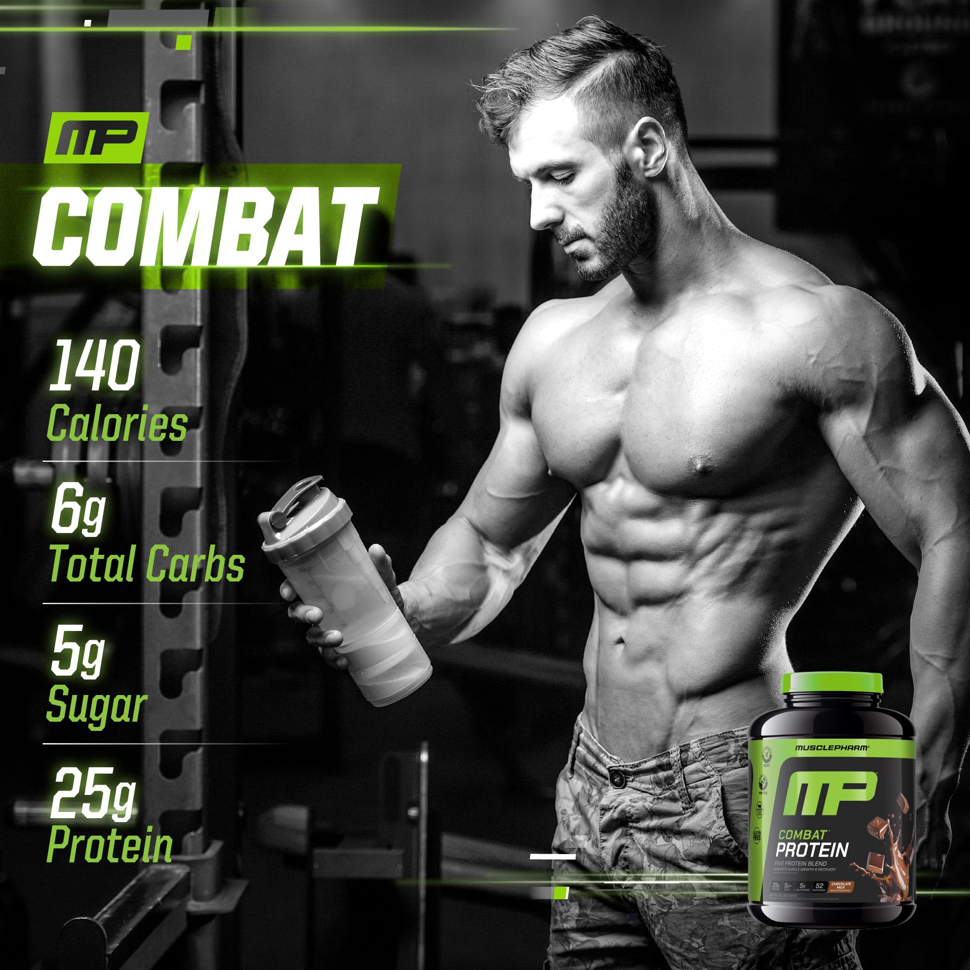 MusclePharm Combat Protein Powder, Chocolate Milk Flavor, Fuels Muscles for Productive Workouts, 5 Protein Sources Including Whey Protein Isolate & Egg Albumin, Gluten Free, 4.2 lb, 52 Servings