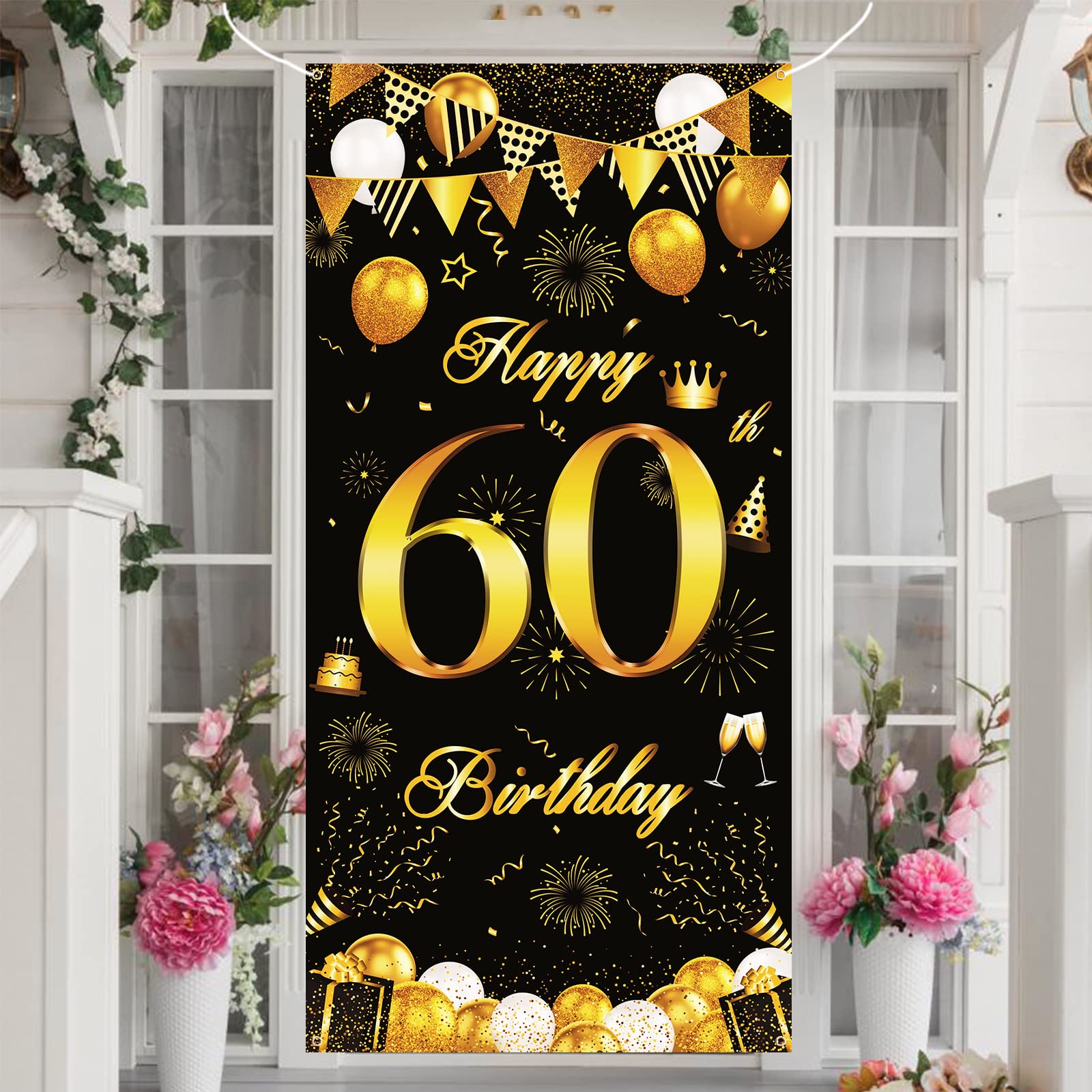 Black Gold 60th Birthday Banner - Party Decoration, Fabric Door Banner, 185×90cm