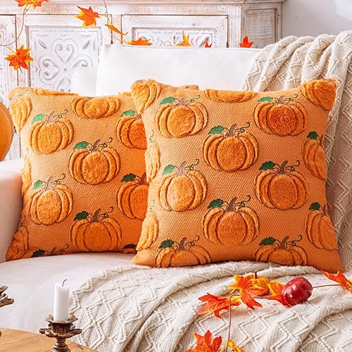 AQOTHES Fall Pumpkin Orange Throw Pillow Covers 18x18 Inch, Pack of 2 Decorative Autumn Pillows Cases for Halloween Holiday Decor Couch Sofa Living Room Decor