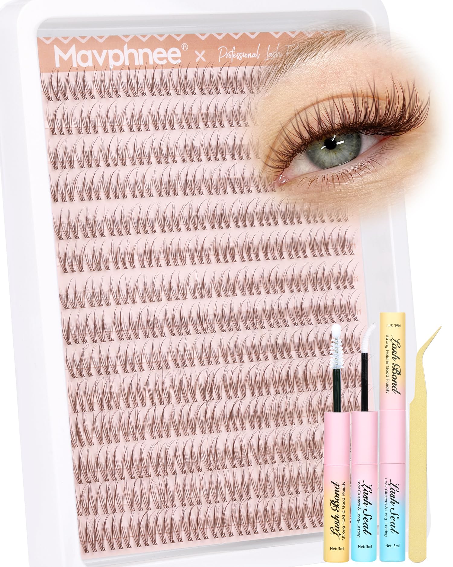 Photo 1 of Mavphnee Brown Lash Clusters Kit Natural Cluster Eyelash Extensions Kit 10-12MM Short C-Curly Lash Extension Individuals 168 Pcs DIY Clusters Lashes for Beginners with Bond and Seal Clear